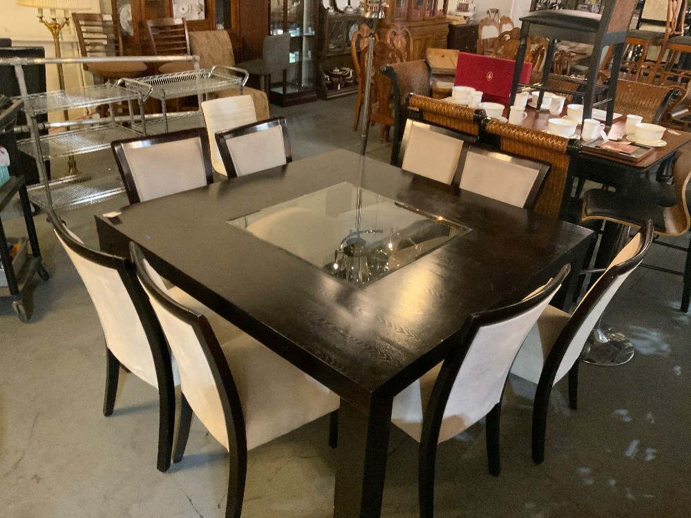 Dark Wood with Glass Inlay Table with 8 Chairs