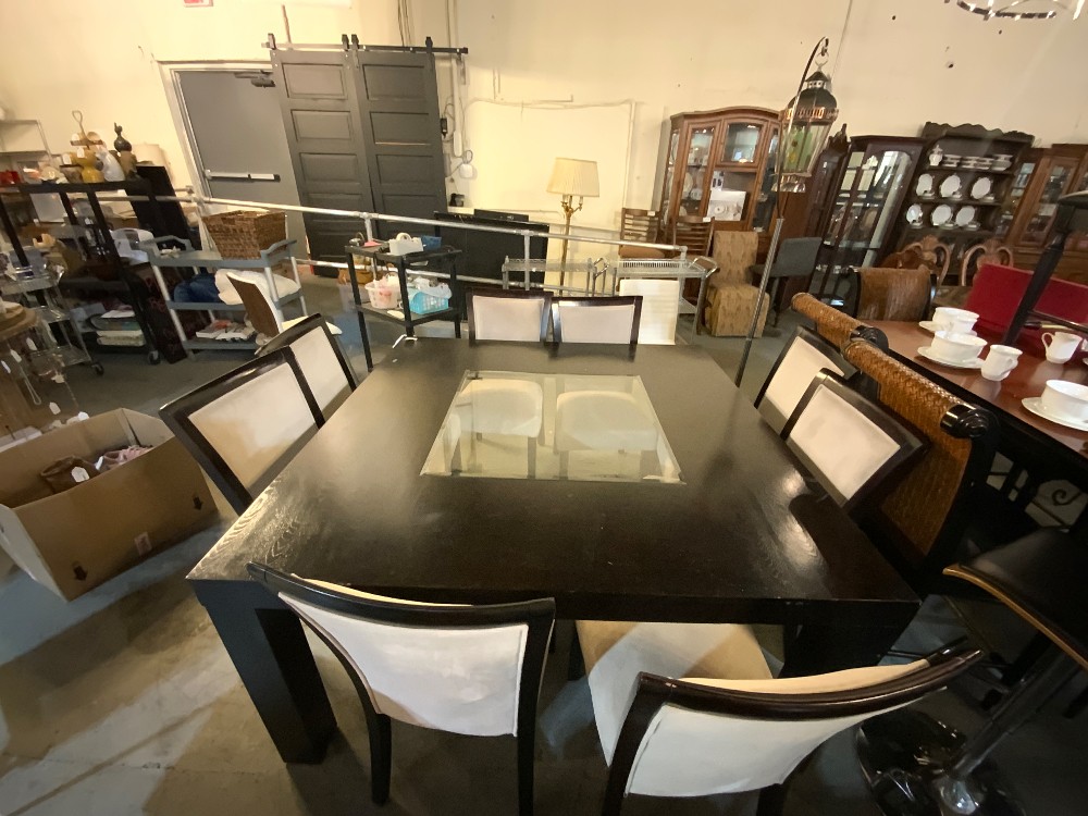 Dark Wood with Glass Inlay Table with 8 Chairs
