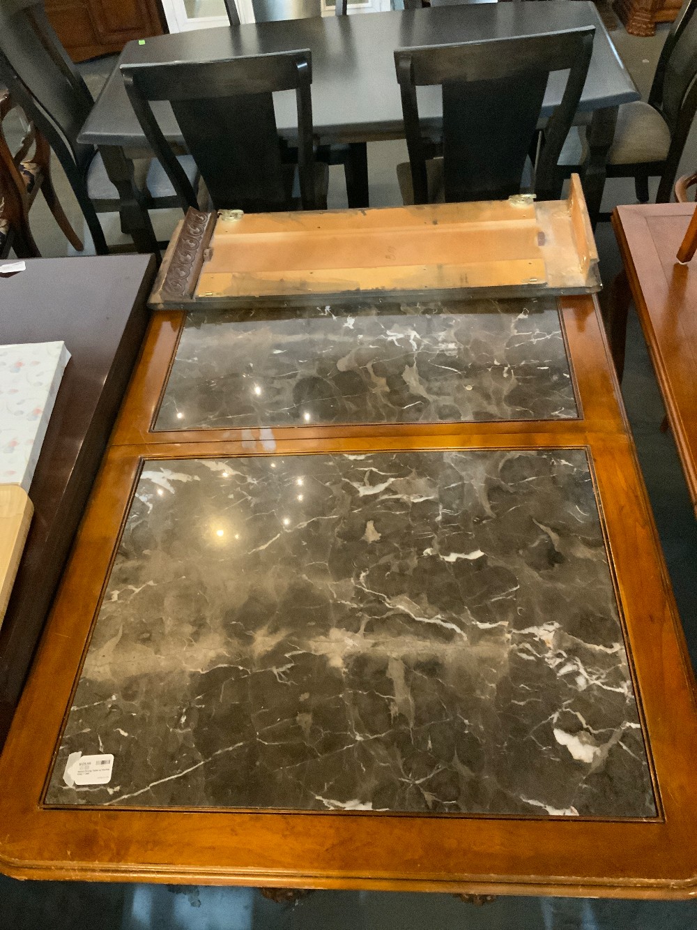 Wood Dining Table w/ Marble Inlay + Leaf