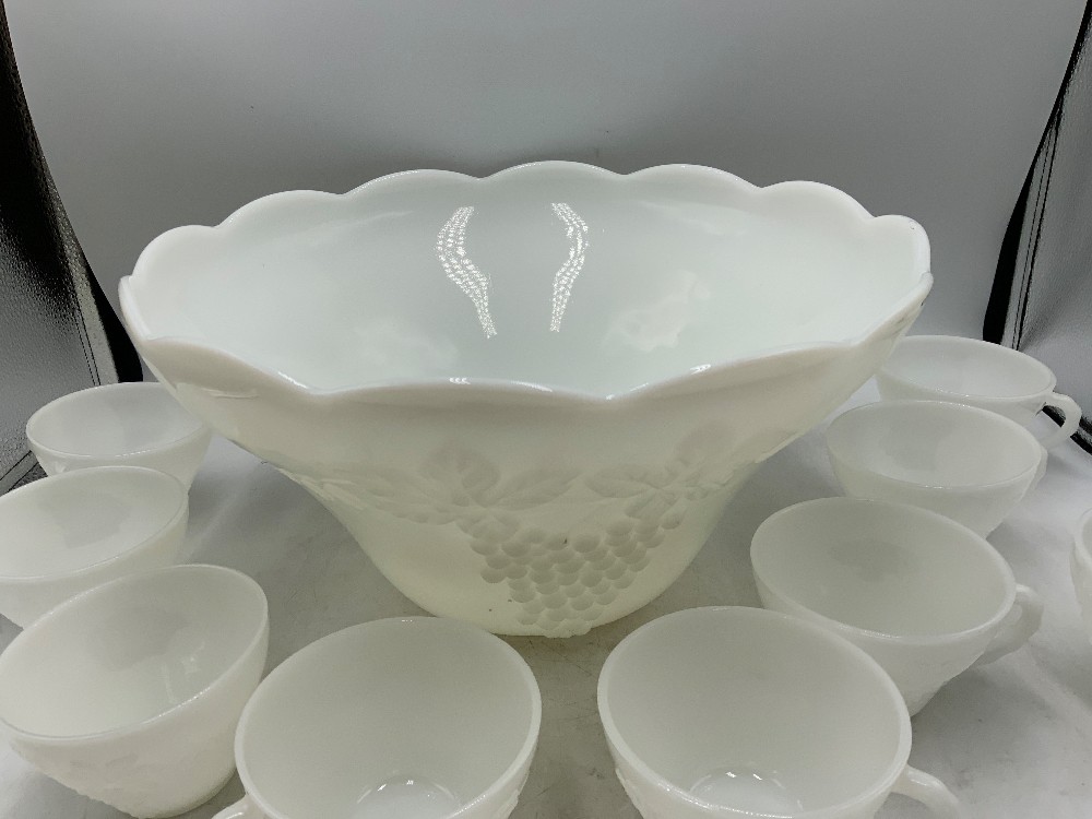 Milk Glass Punch Bowl with Cups