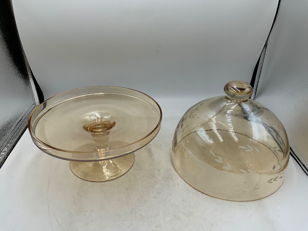 Vintage Princess House Heritage Marigold Etched Cake Stand w/ Dome Cover