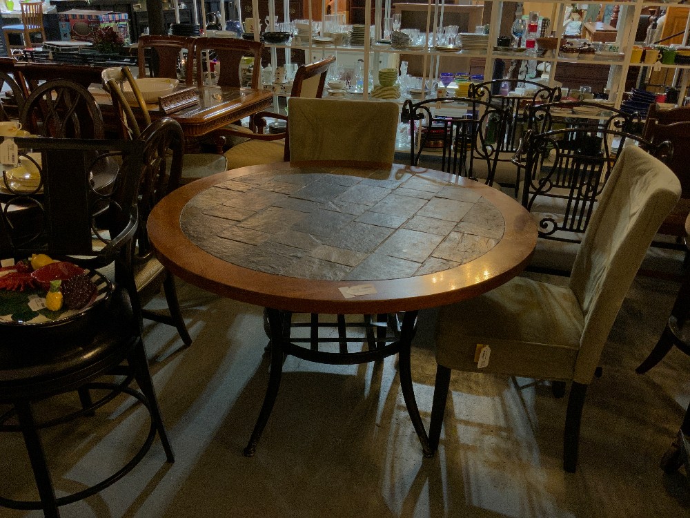 Round Wood Table w/ Tile Inlay & Metal Base
