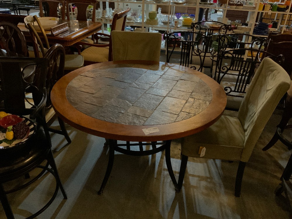 Round Wood Table w/ Tile Inlay & Metal Base