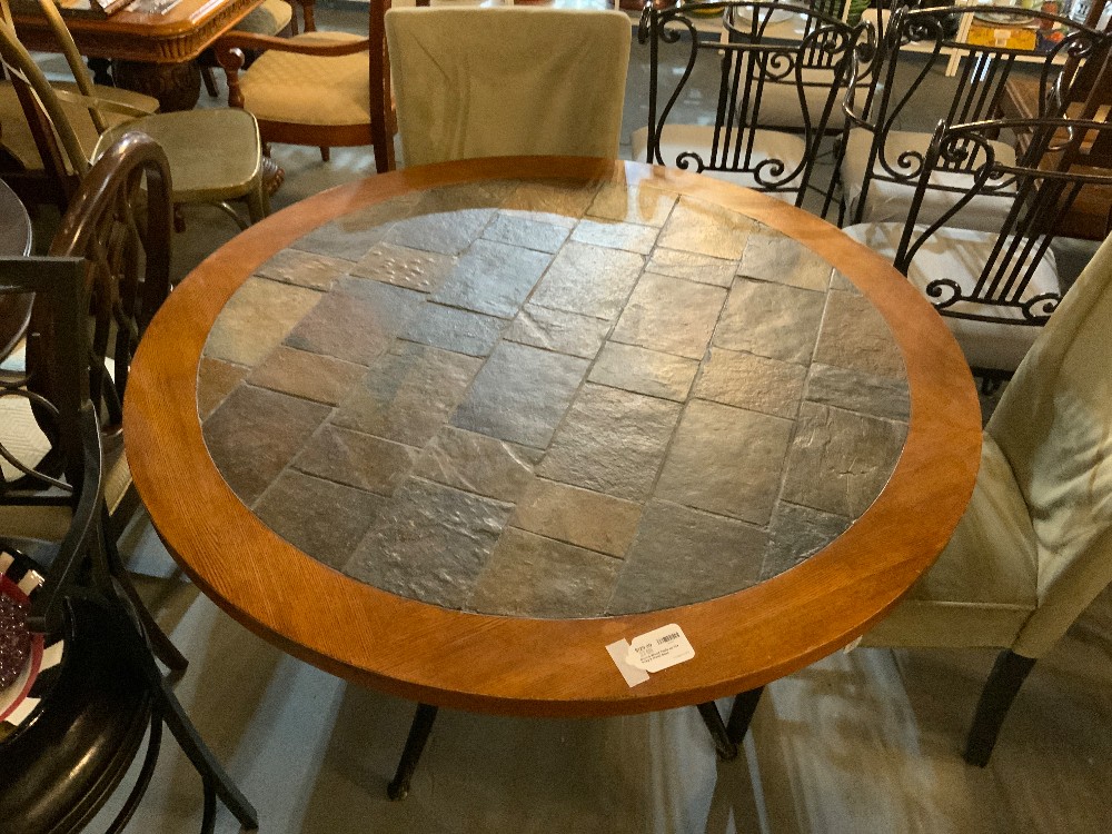 Round Wood Table w/ Tile Inlay & Metal Base