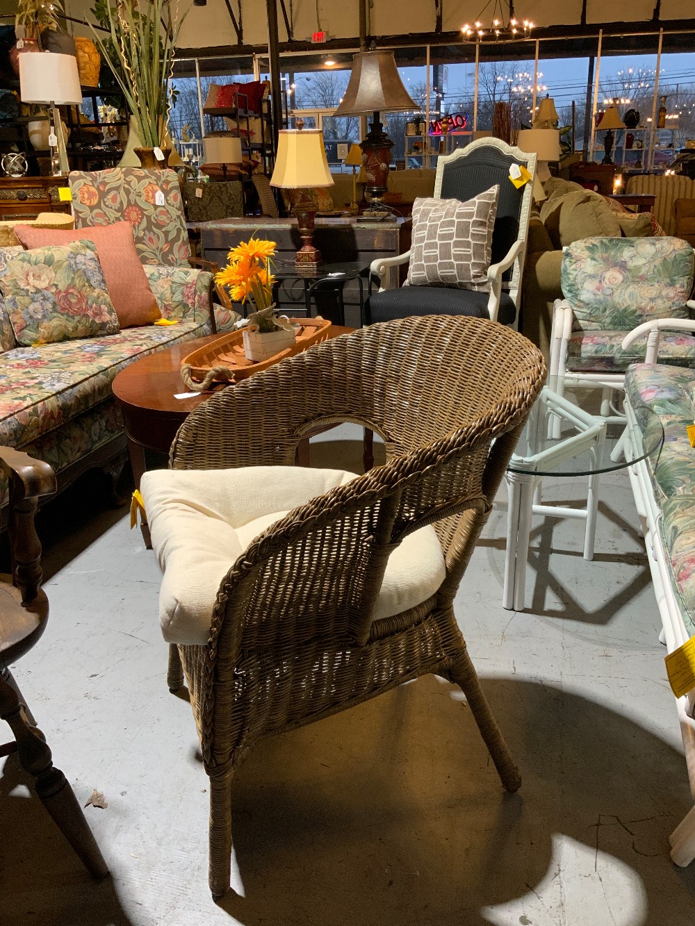 Brown Wicker Chair W/ White Cushion