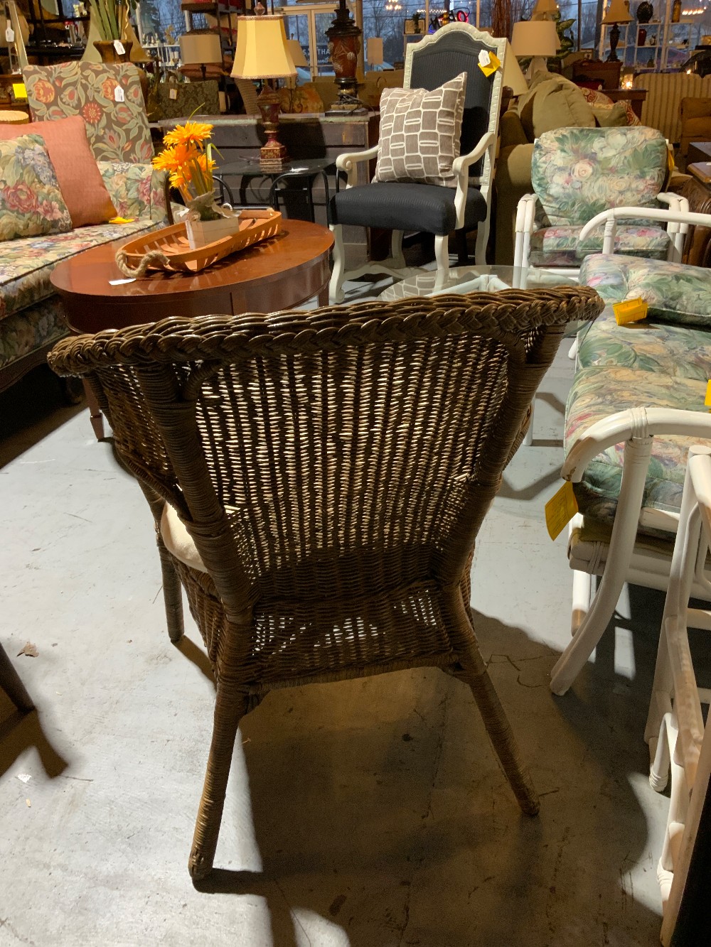 Brown Wicker Chair W/ White Cushion