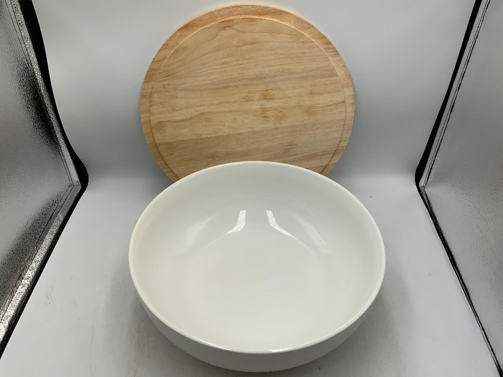Large White Crofton Bowl w/ Wood Lid