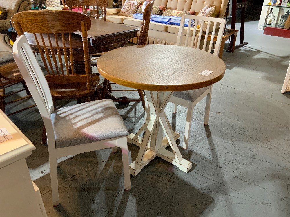 Two Tone Wood Table w/ 2 White Chairs
