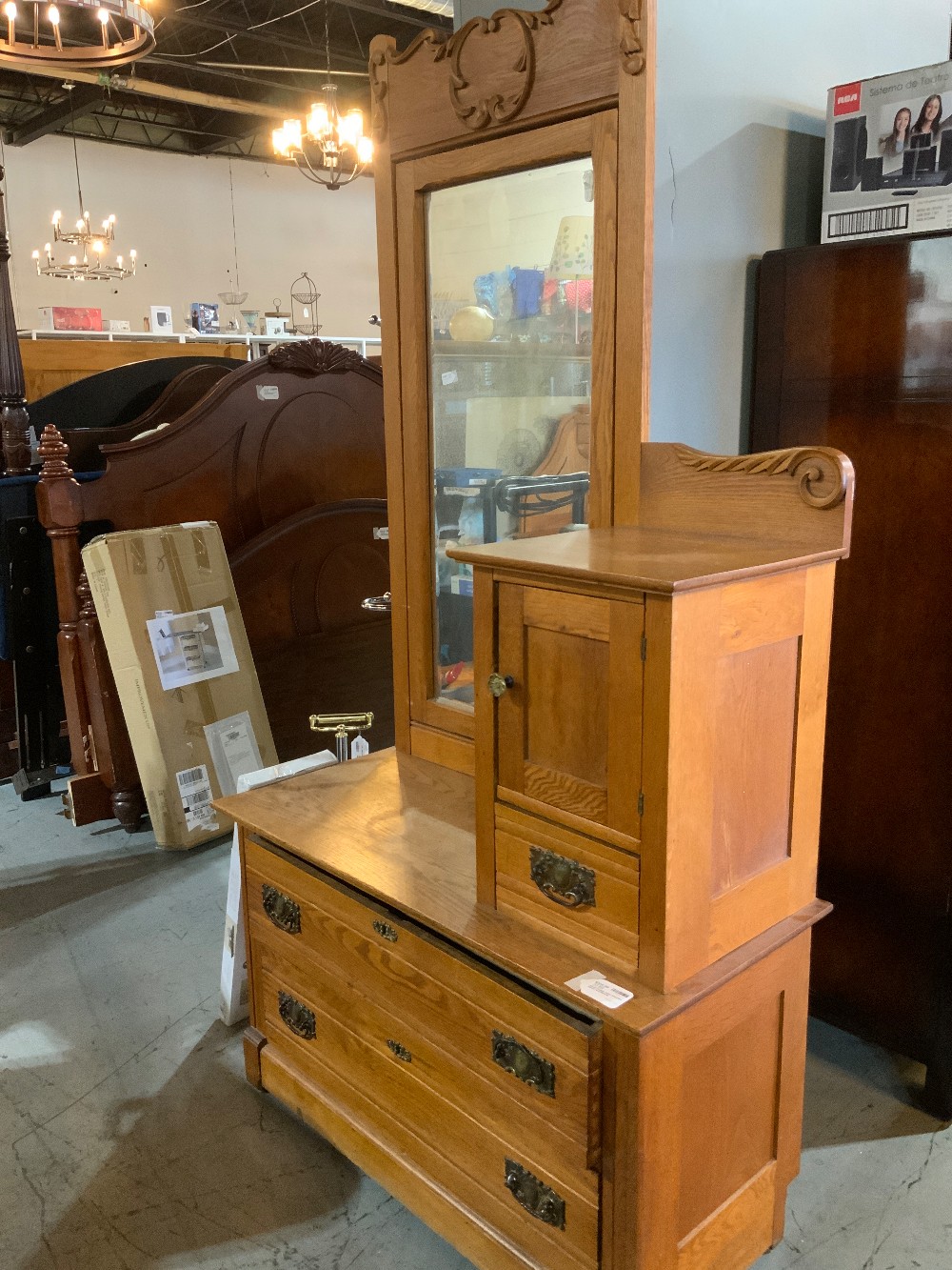 Wood Dresser With Attached Mirror And Shelves