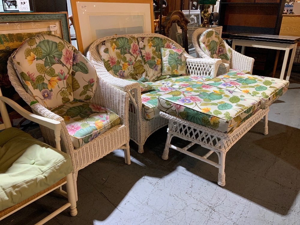 Palecek White Wicker Outdoor Set 4 Pieces w/ cushions