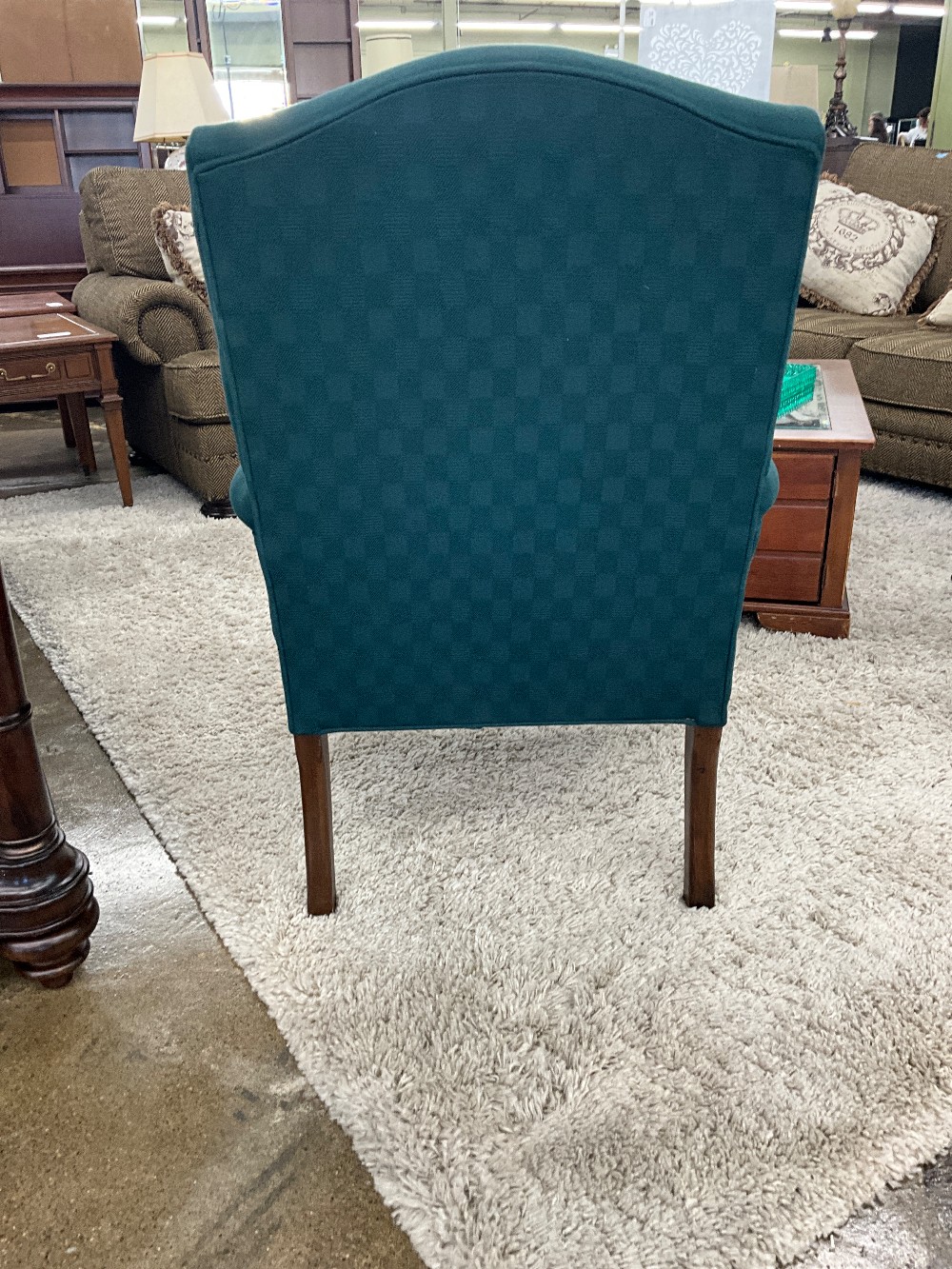 Green & Ornate Wood Accent Chair