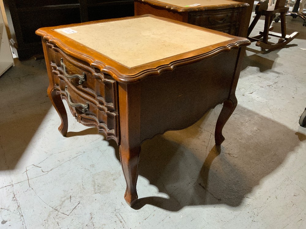 French Provincial Wood End Tables w/ Marble Inlay Top