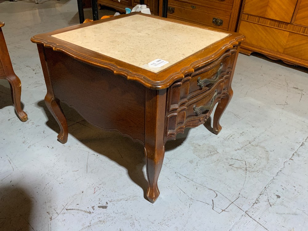 French Provincial Wood End Tables w/ Marble Inlay Top
