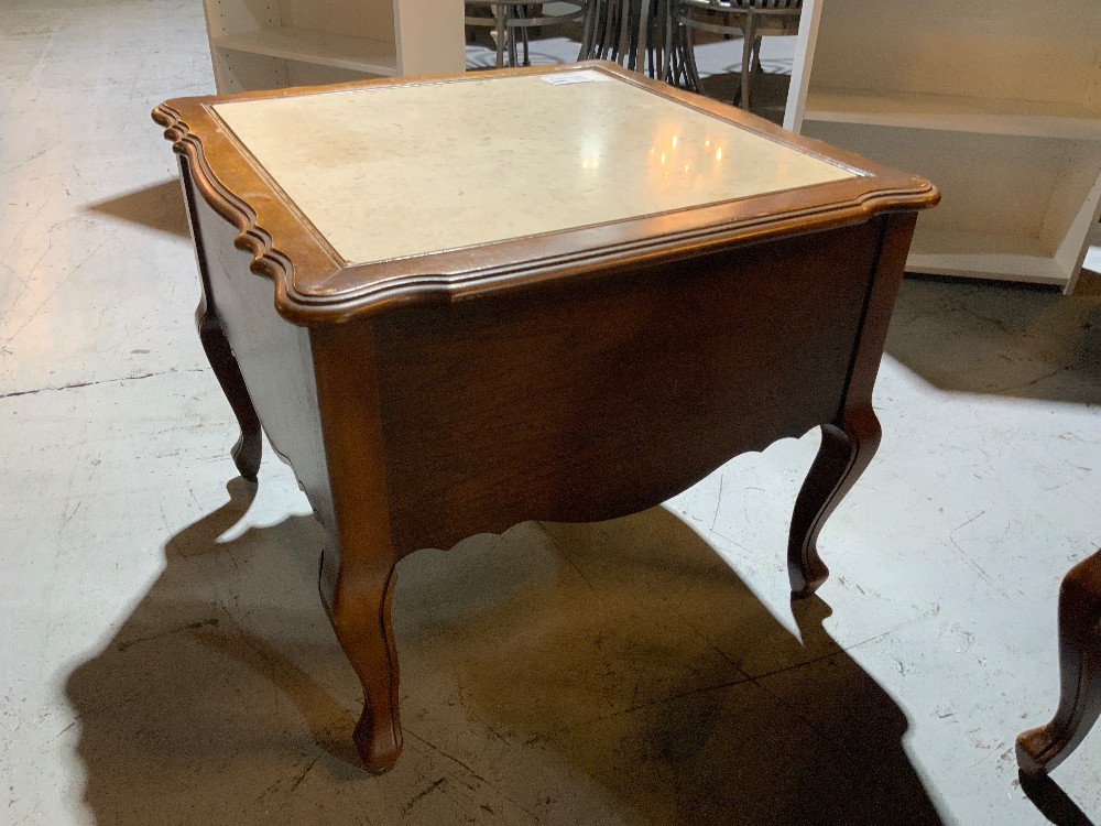 French Provincial Wood End Tables w/ Marble Inlay Top