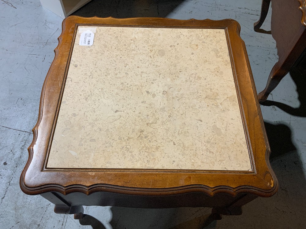 French Provincial Wood End Tables w/ Marble Inlay Top