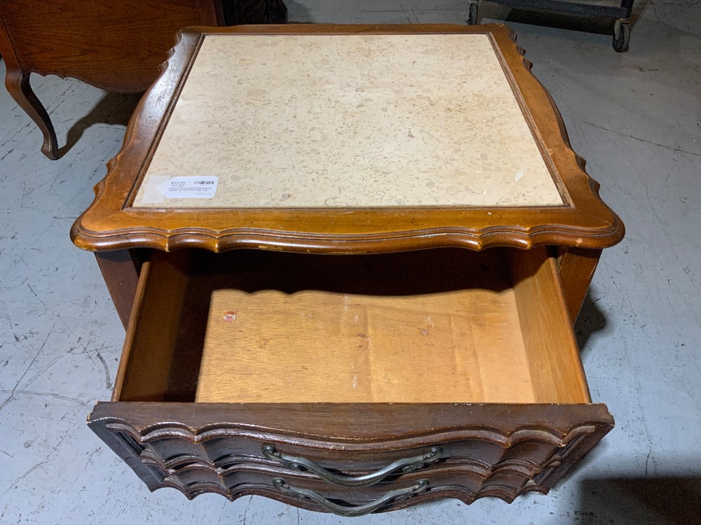 French Provincial Wood End Tables w/ Marble Inlay Top