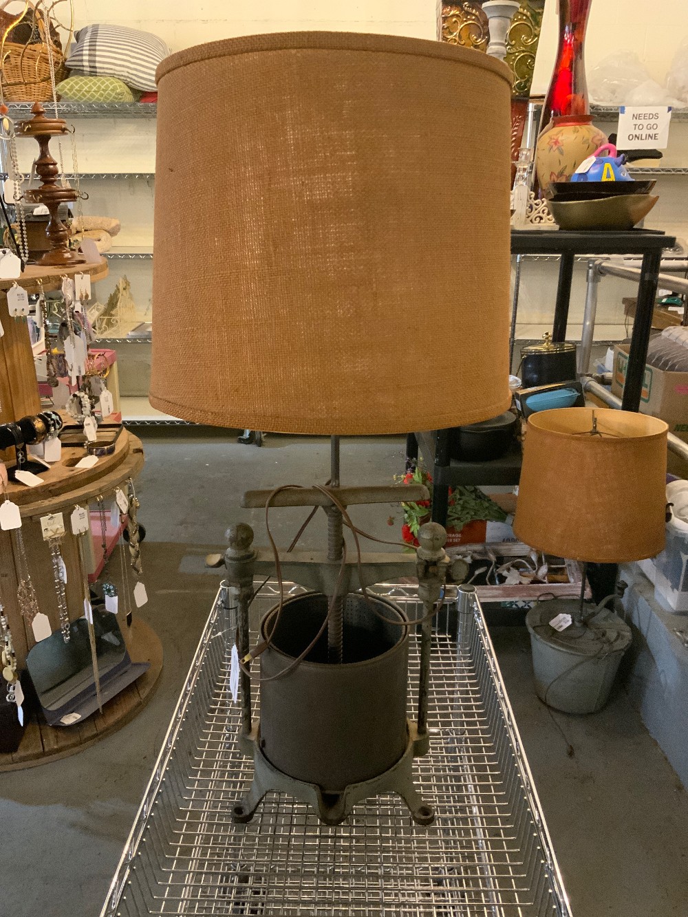 Rustic / Industrial Metal Lamps / Burlap Shade