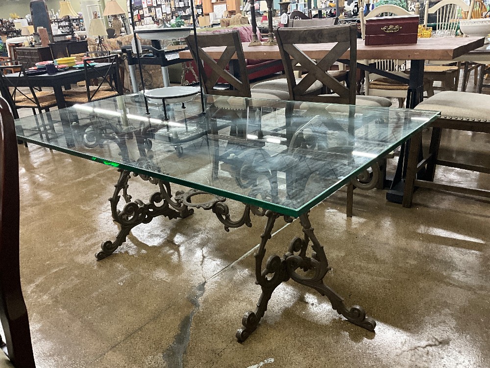 Antique Base Glass Top Dining Table