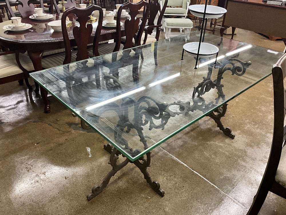 Antique Base Glass Top Dining Table