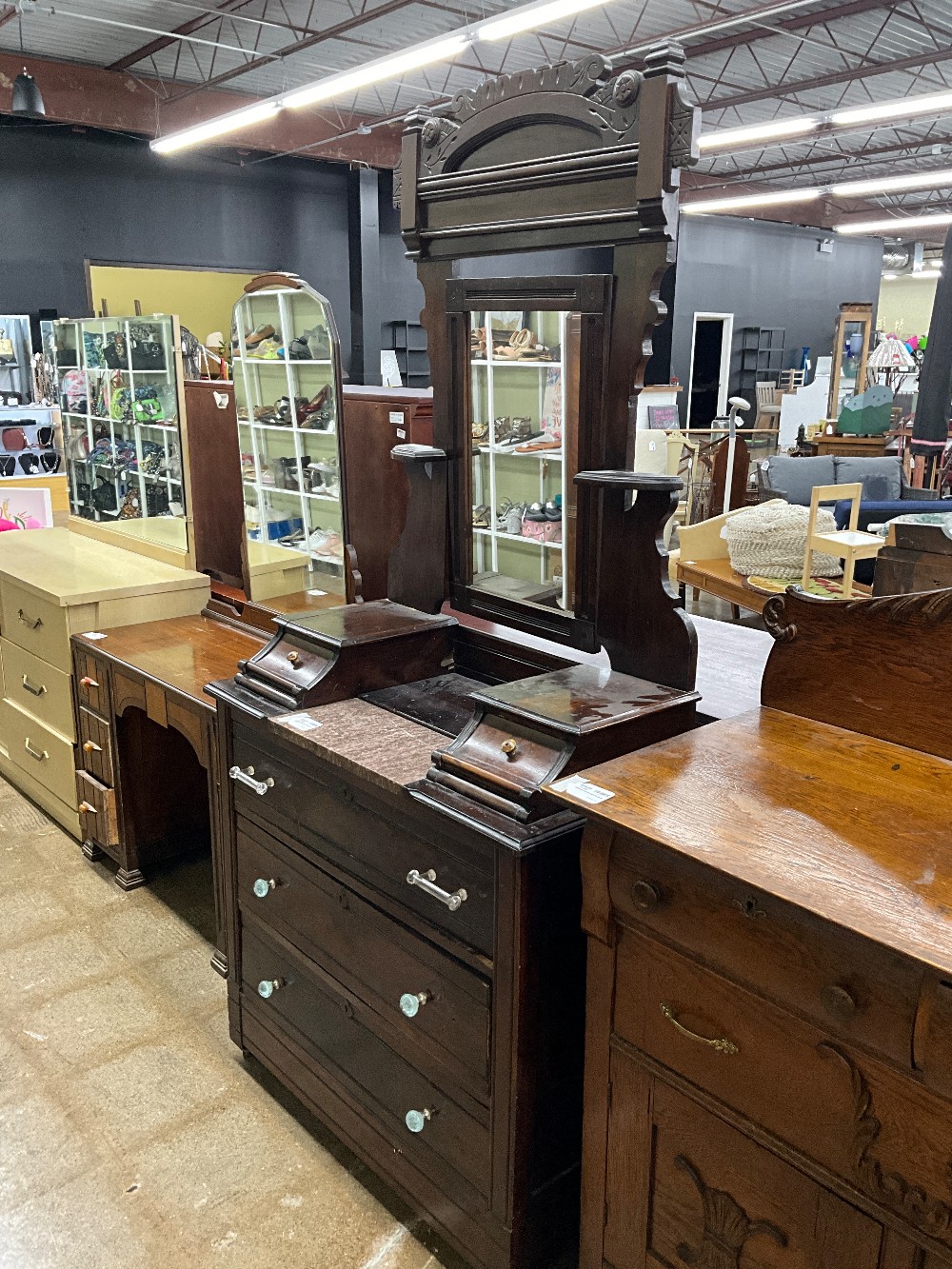 Antique Waterfall Dresser & Mirror