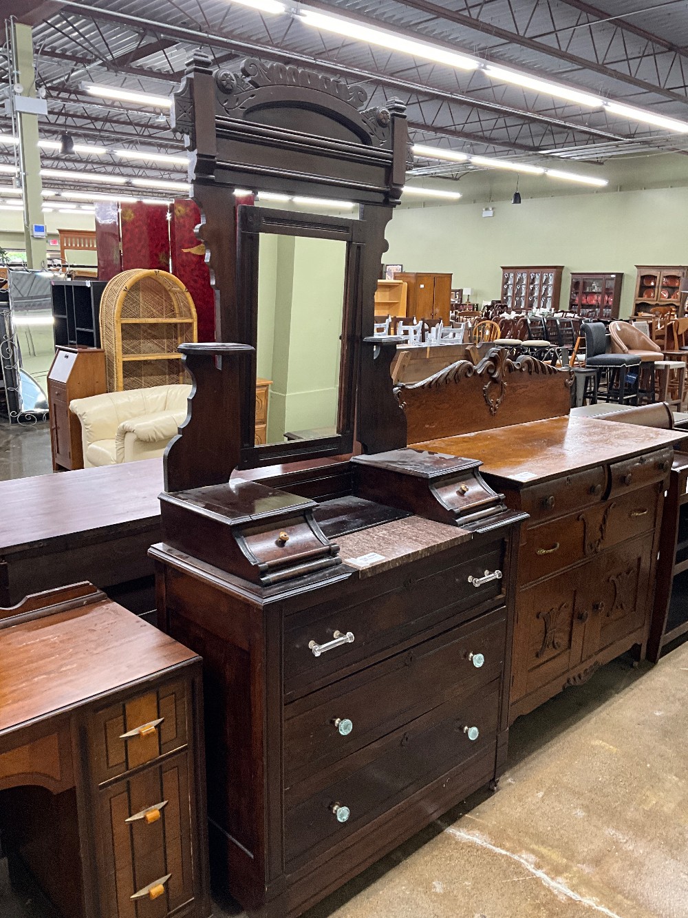 Antique Waterfall Dresser & Mirror