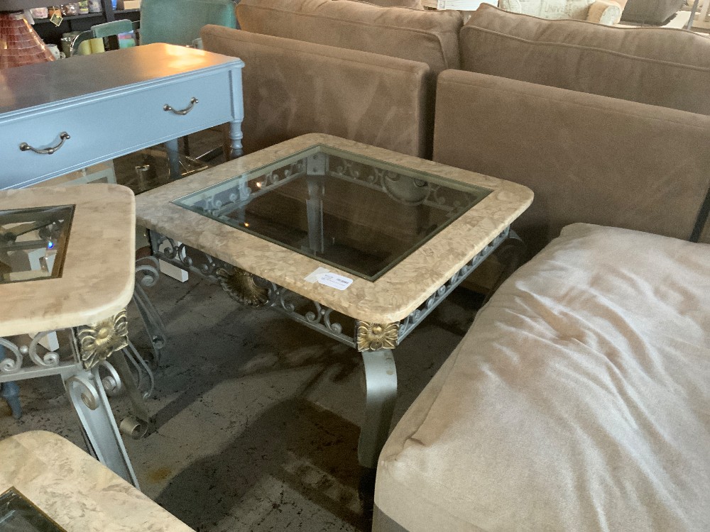 Glass Top Marble Trim Accent Table