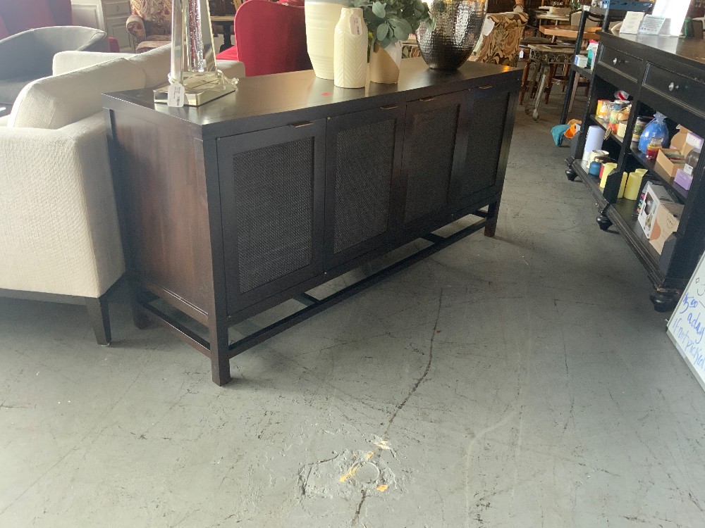 Crate & Barrel Wood & Rattan Storage Media Console