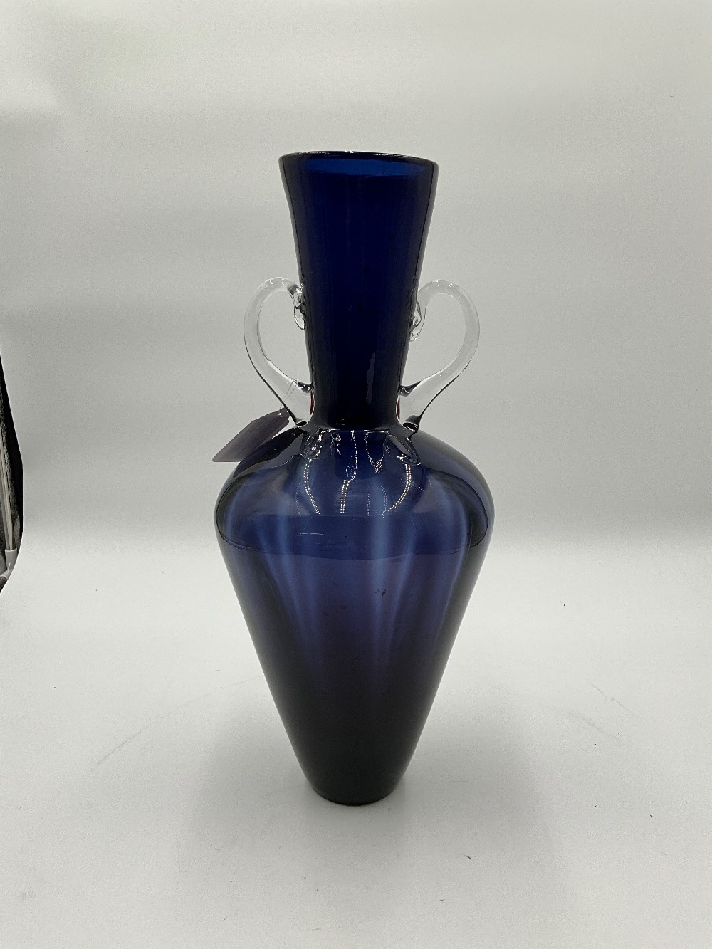Blenko Cobalt Blue Large Glass Vase W/ Clear Handles
