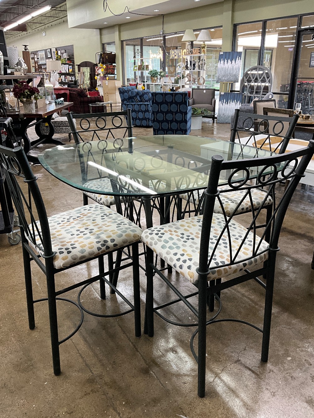 High Top Glass Table W/Four Barstools
