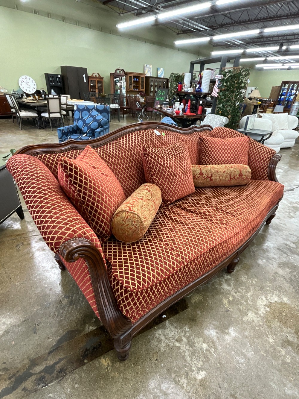 Red & Gold Couch w/ Wood Trim & 5 Pillows