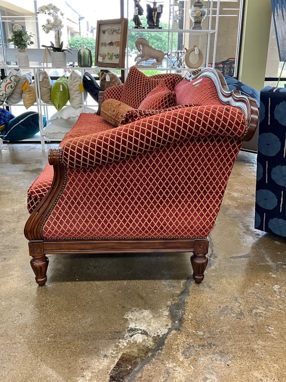 Red & Gold Couch w/ Wood Trim & 5 Pillows
