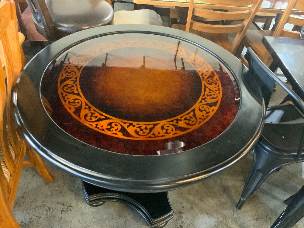 Black Table with Brown Design with Glass Top Entry Table