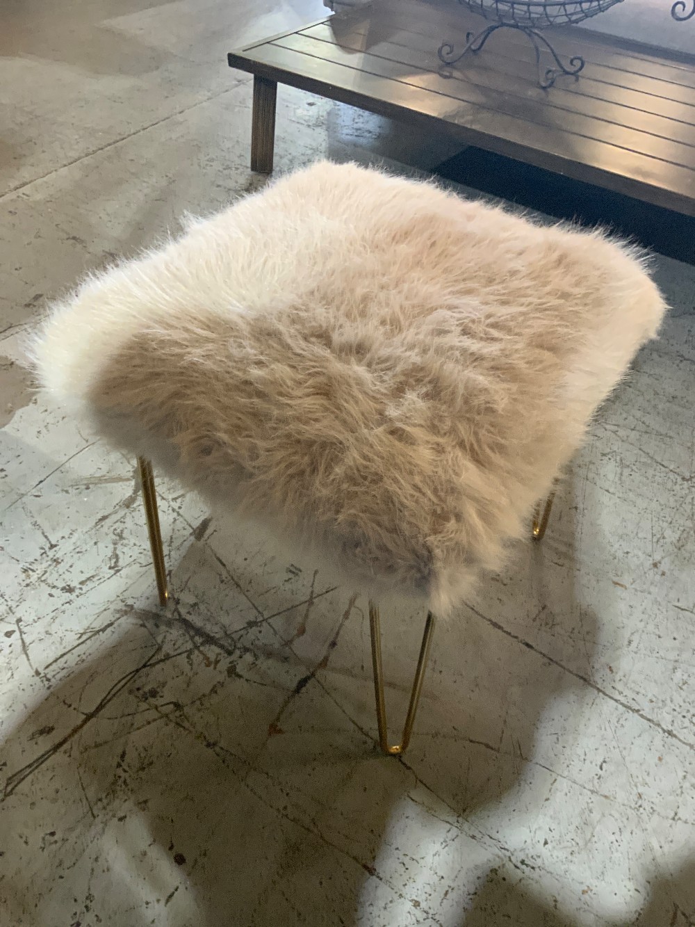 Grey Fluffy Ottoman Square W/ Gold Base