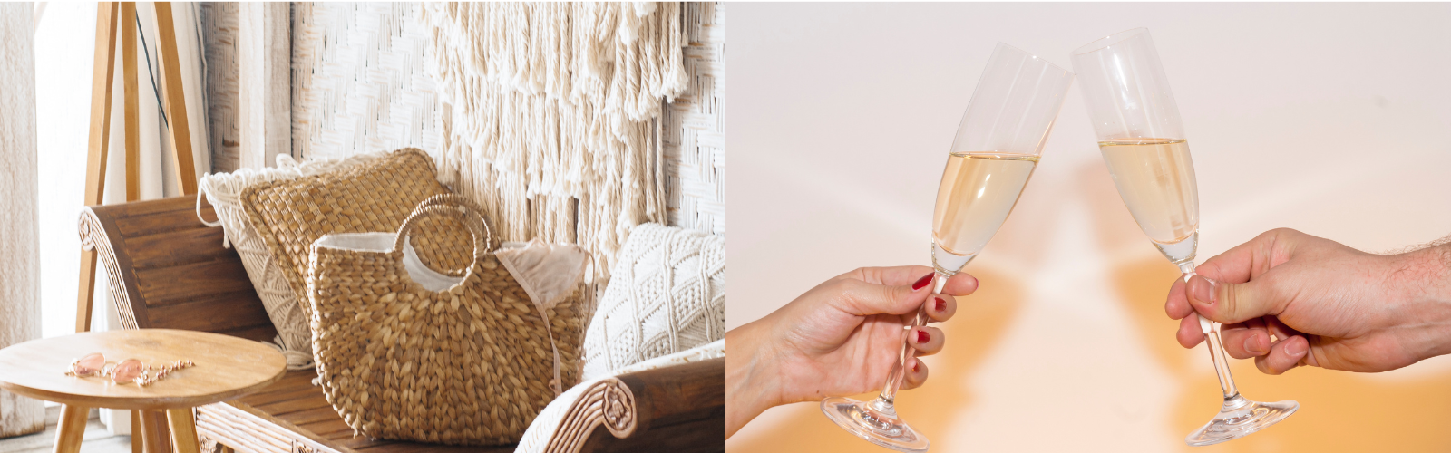 A side by side collage with a purse on a wooden bench on and on the right two champagne glasses clinking together. 