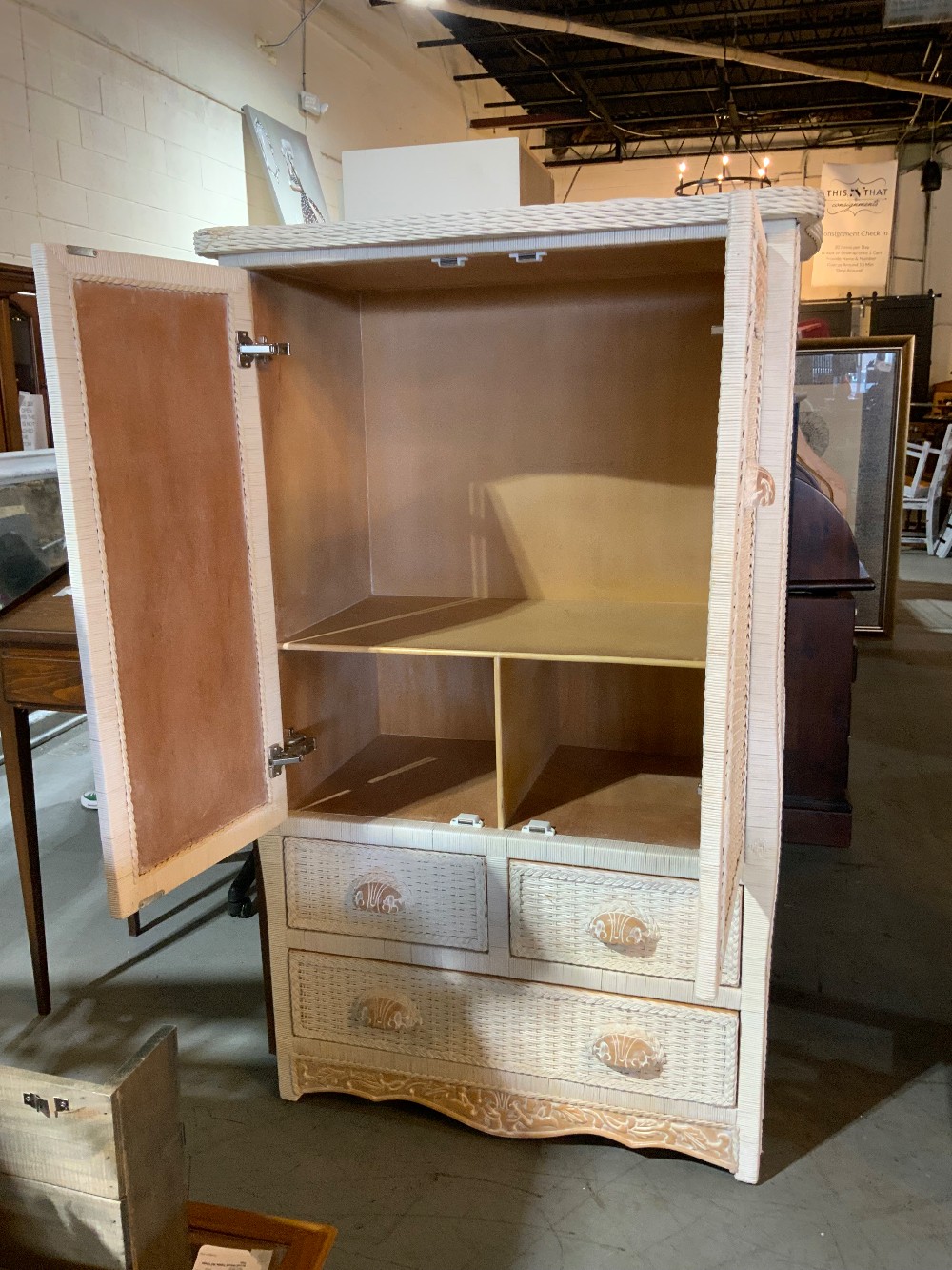 White Wicker Clothing Armoire