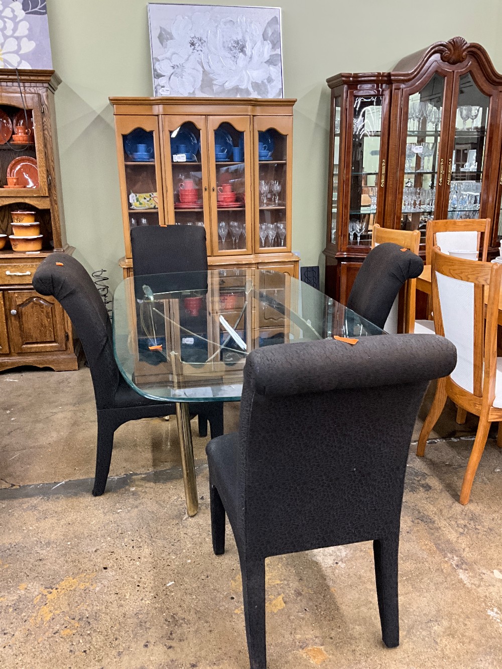 Glass Top Table with 4 Black Upholstered Chairs
