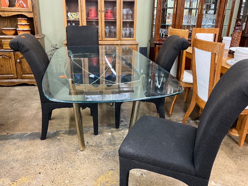 Glass Top Table with 4 Black Upholstered Chairs