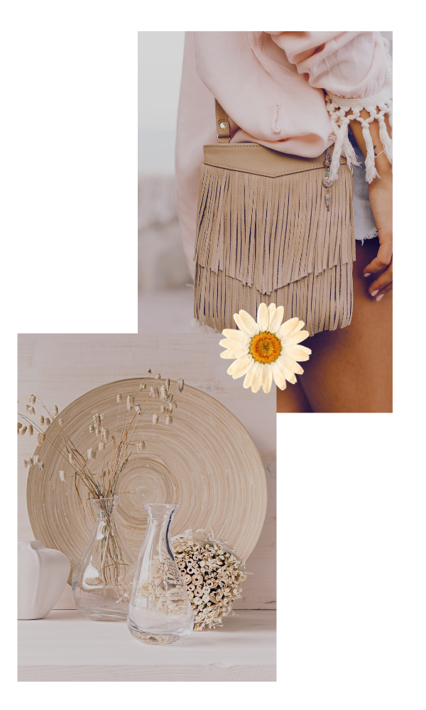 A two photo collage with a women wearing a fringe purse and table decor of vases.