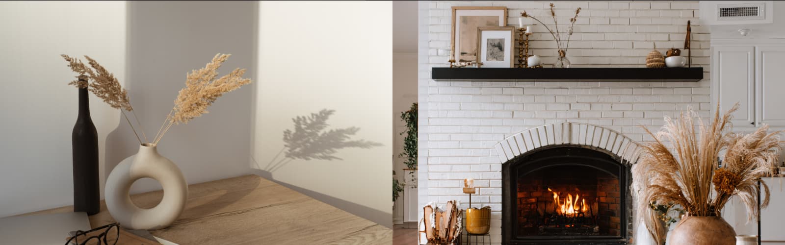 A split photo with a vase and dried flowers sticking out and on the right a white brick fire place with a large vase to the side of it and modern decoration surrounding.