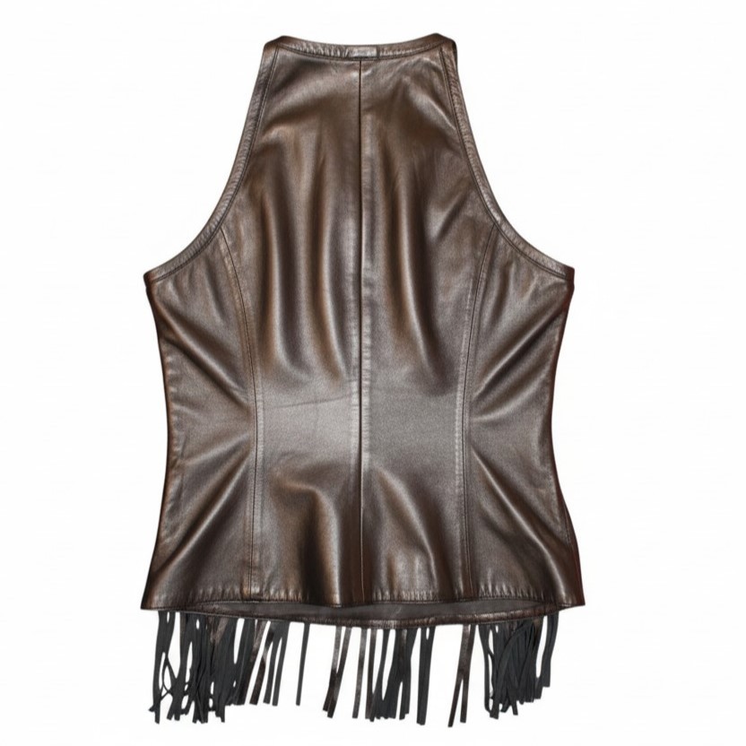 Cusp by Neiman Marcus Leather Scoop Neck Fringe Top (Sz S)
