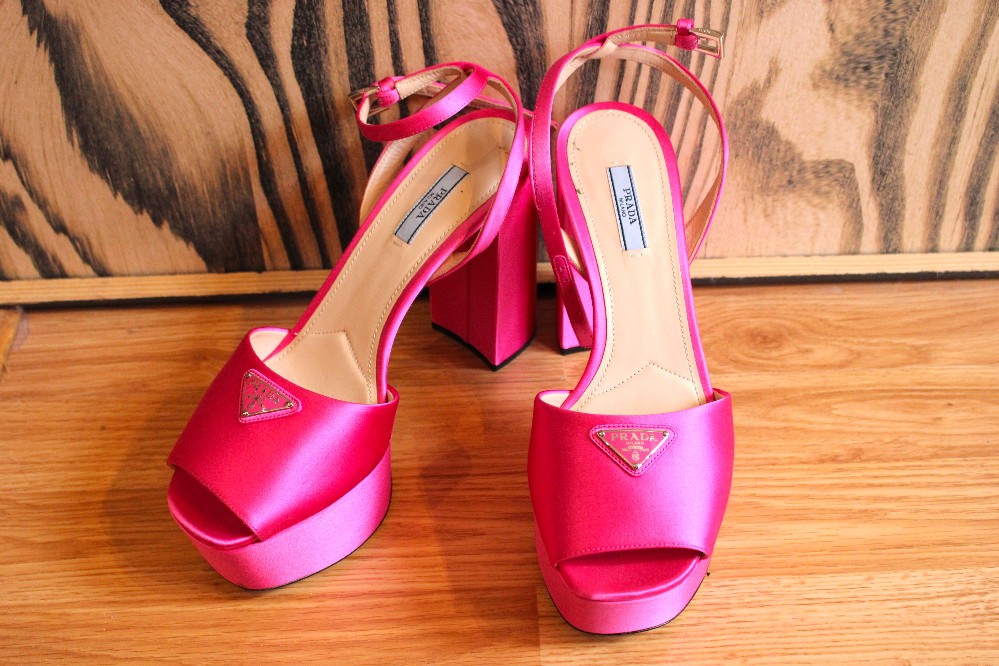 Prada Begonia Pink Satin Platform Sandals sz 40