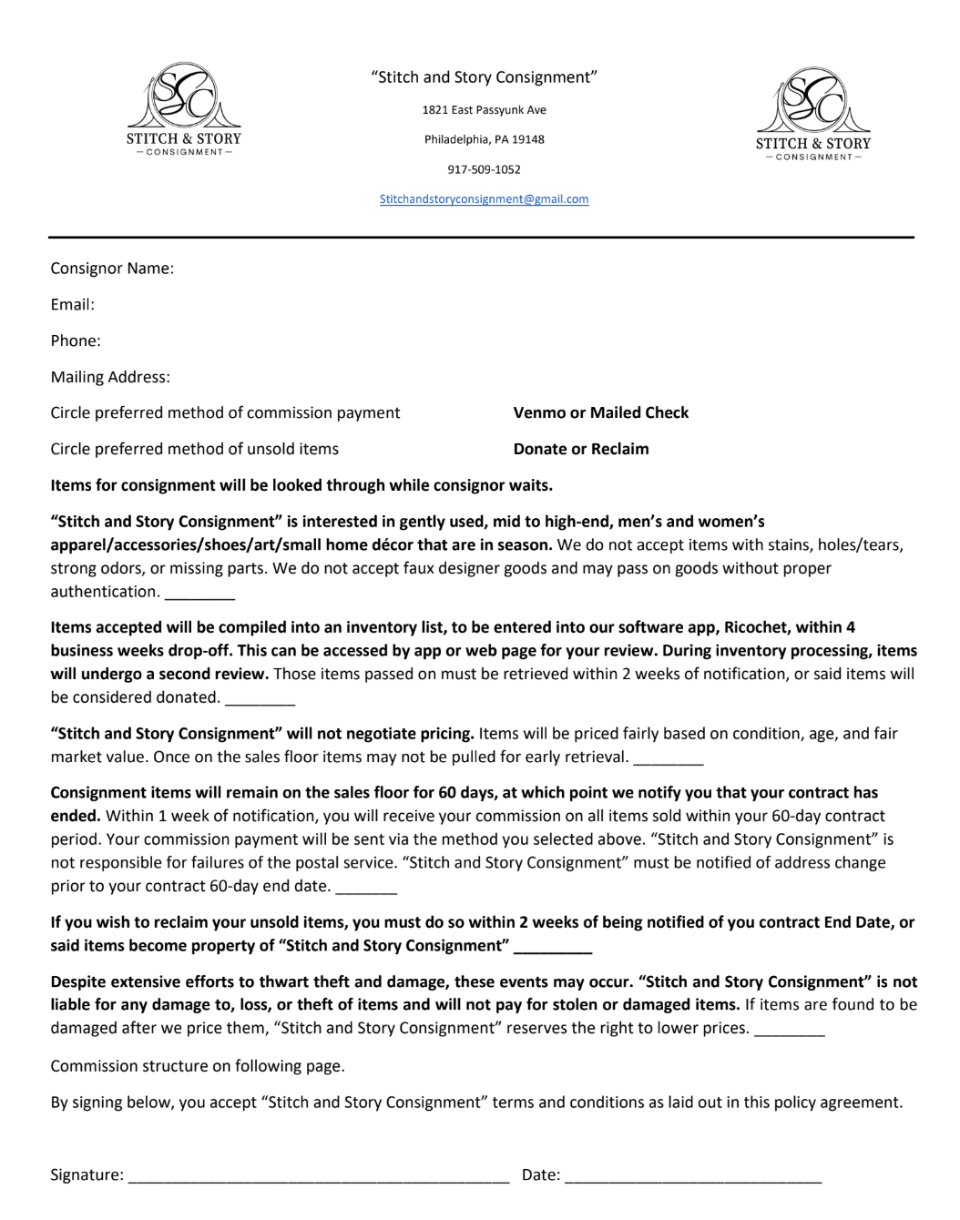 Stitch and Story consignment agreement.