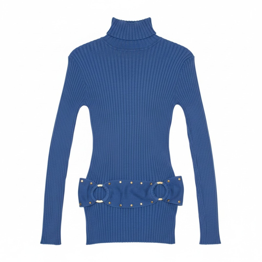No Tag Royal Blue Ribbed Belted Turtleneck Sweater sz S