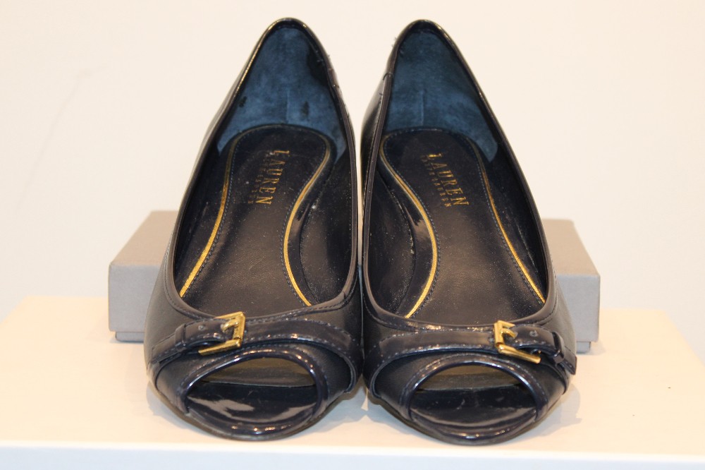 Lauren Ralph Lauren Navy Blue Open Toe Low Wedge (Sz 7.5)