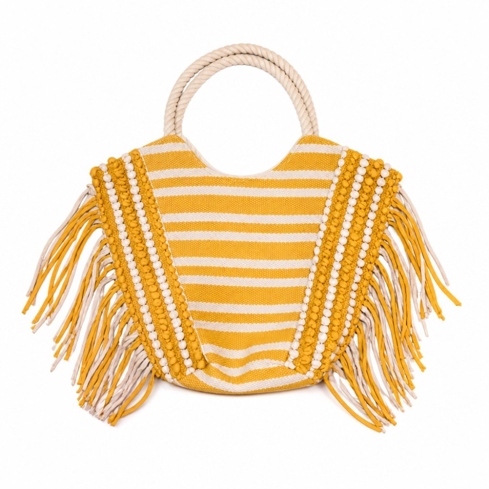 Yellow and White Striped Macrame Fringe Tote