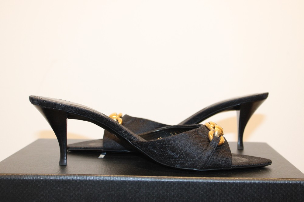 Saint Laurent Jaquar Black and Gold Mules (Sz 38 / 7.5)