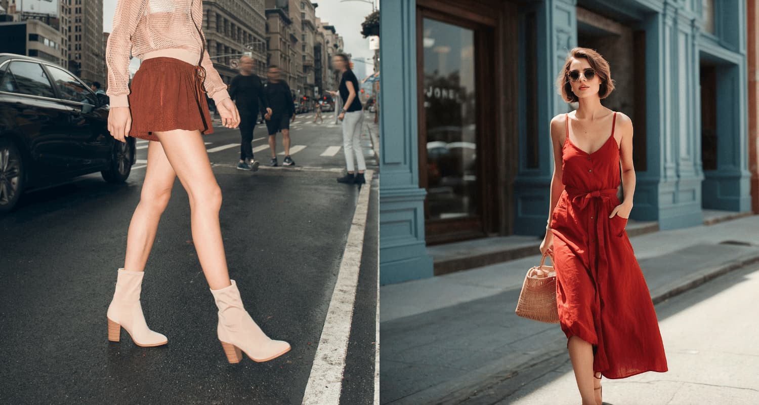 A split photo of a women walking across the street in suede booties and on the right a women walking on the sidewalk with an orange sundress.