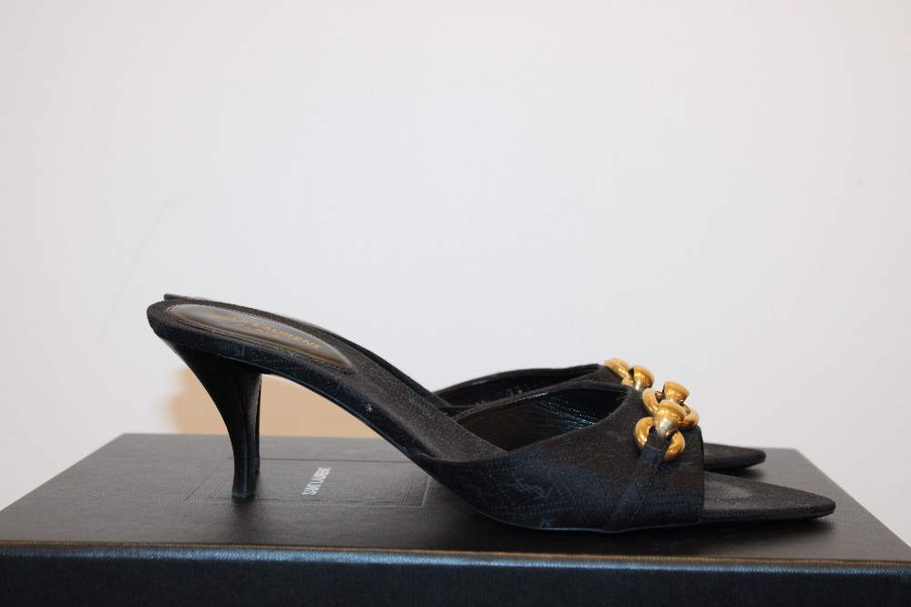 Saint Laurent Jaquar Black and Gold Mules (Sz 38 / 7.5)