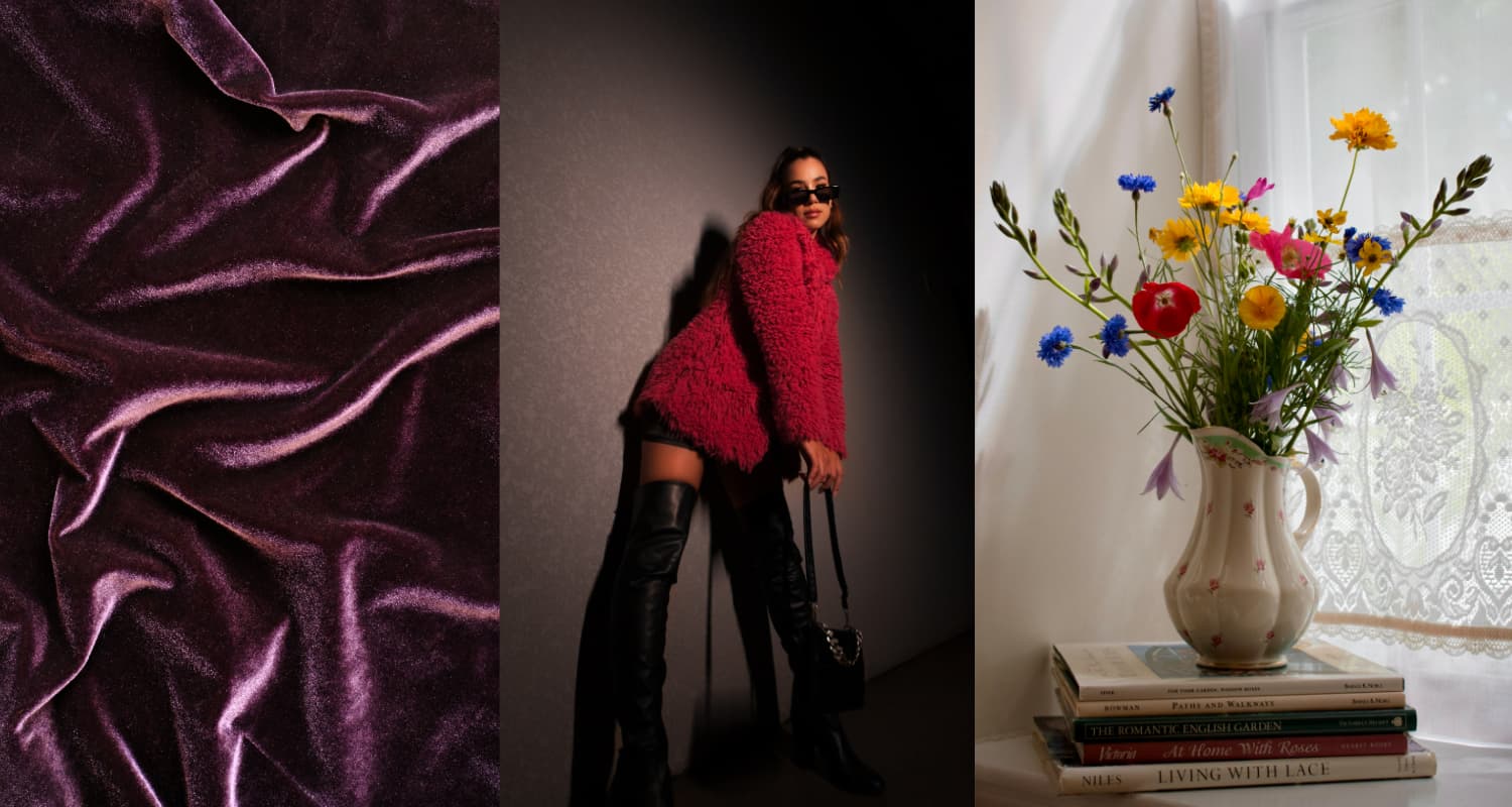 Three photos side by side, one of purple velvet fabric, in the middle a model in a red fuzzy coat and on the right colorful flowers in a vase.