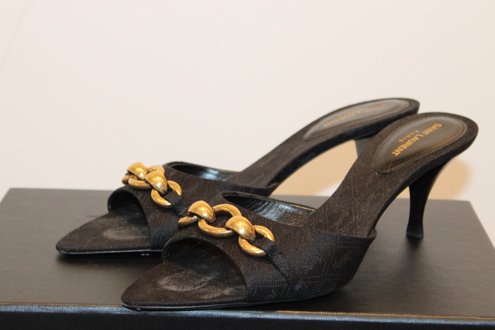 Saint Laurent Jaquar Black and Gold Mules (Sz 38 / 7.5)